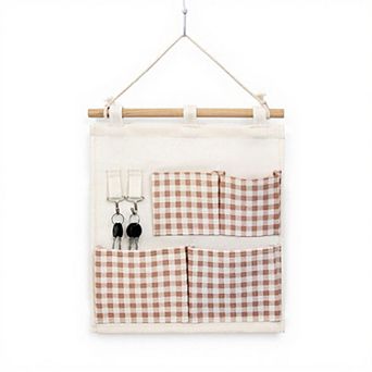 Hanging Wall Organizer with Gingham Pockets and Wooden Rod