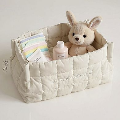 Quilted Storage Basket with Embroidered Text and Soft Padded Sides