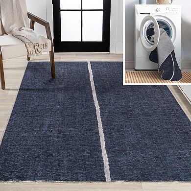 Linja Solid Centre Stripe Machine Washable Area Rug