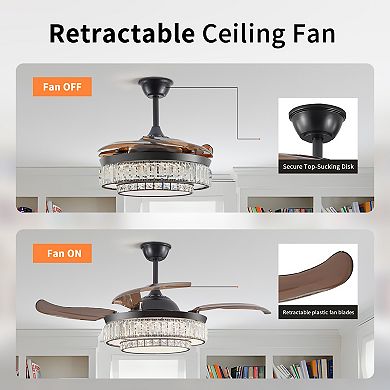 LOVMOR 48 inch Crystal LED Retractable Ceiling Fan with Light Remote 6 Speed DC Motor 4 Blades