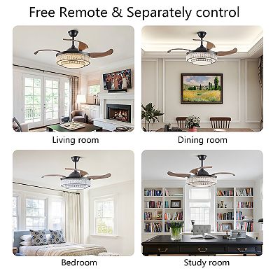 LOVMOR 48 inch Crystal LED Retractable Ceiling Fan with Light Remote 6 Speed DC Motor 4 Blades