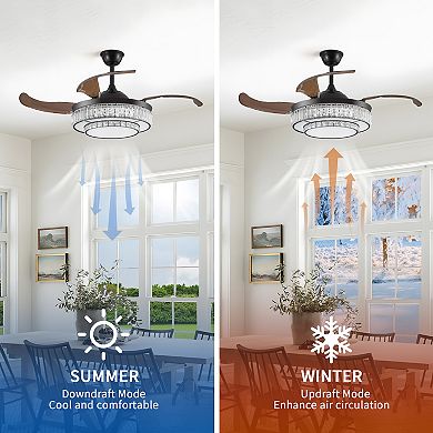 LOVMOR 48 inch Crystal LED Retractable Ceiling Fan with Light Remote 6 Speed DC Motor 4 Blades
