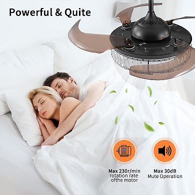 LOVMOR 48 inch Crystal LED Retractable Ceiling Fan with Light Remote 6 Speed DC Motor 4 Blades