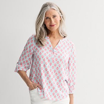 Women's Croft & Barrow® 3/4 Sleeve Y-Neck Blouse