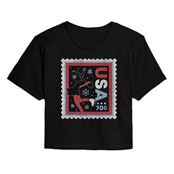 Juniors' Figure Skater USA Stamp Distressed Cropped Tee