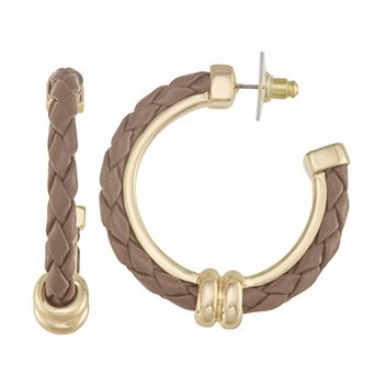Nine West Gold Tone Leather Cord Hoop Earrings