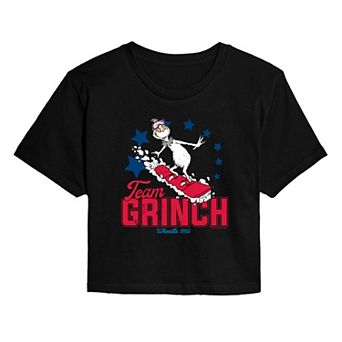 Juniors' Dr. Seuss Grinch Snowboarding Cropped Tee