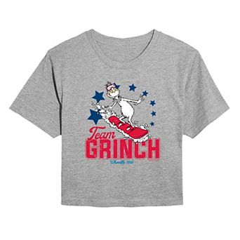 Juniors' Dr. Seuss Grinch Snowboarding Cropped Tee