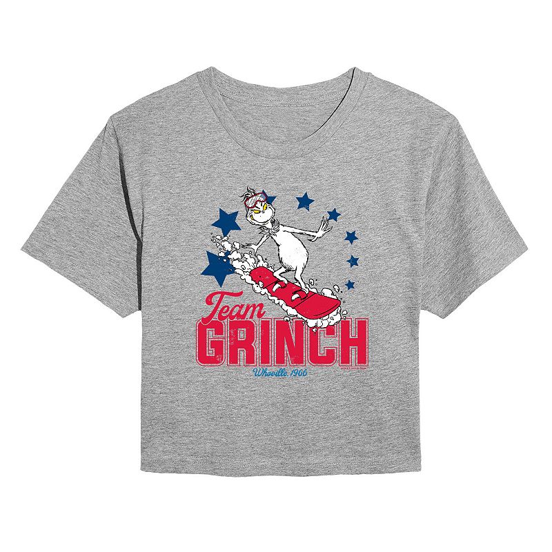 UPC 199763835742 product image for Juniors' Dr. Seuss Grinch Snowboarding Cropped Tee, Women's, Size: Small, Grey G | upcitemdb.com