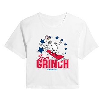 Juniors' Dr. Seuss Grinch Snowboarding Cropped Tee
