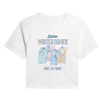 Juniors' Barbie Winter Games Distressed Cropped Tee