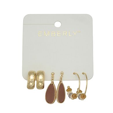 Emberly 3-Pair Gold Tone Hoop & Teardrop Earring Set