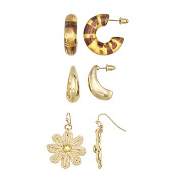 Emberly 3-Pair Gold Tone Flower & Hoop Earring Set