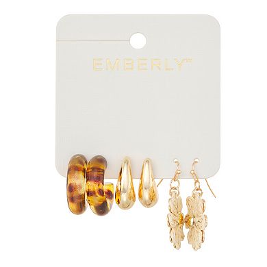 Emberly 3-Pair Gold Tone Flower & Hoop Earring Set