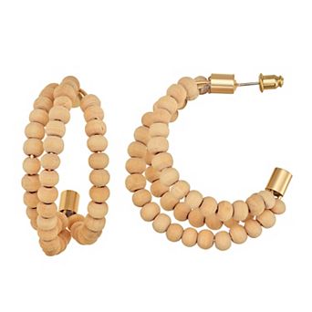 Emberly Gold Tone Wood Beaded Hoop Earrings