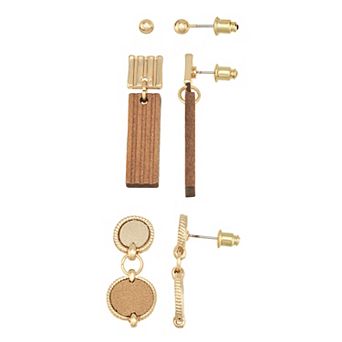 Emberly 3-Pair Gold Tone Mixed Media Earring Set