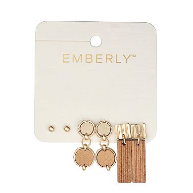Emberly 3-Pair Gold Tone Mixed Media Earring Set