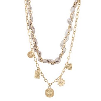 Emberly Gold Tone Layered Fabric Link Charm Necklace