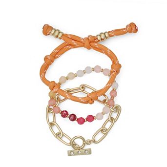 Emberly 3 pc Gold Tone Cord Beaded Link Bracelet Set