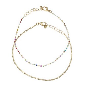 Emberly Gold Tone Multi Simulated Stone Dainty Beaded Anklet Duo Set