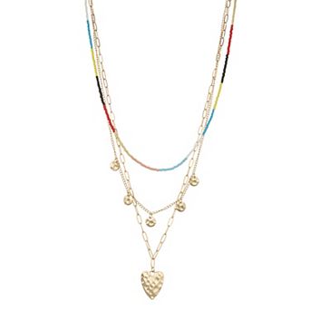 Emberly Gold Tone Layered Beaded Heart Charms Necklace