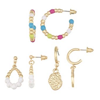 Emberly 3-Pair Gold Tone Mixed Earring Set