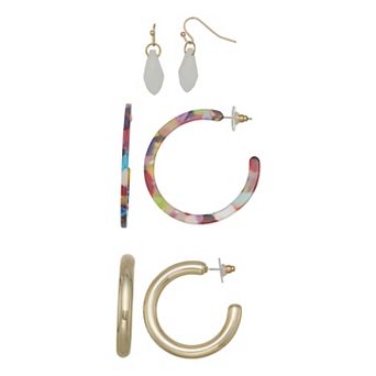 Emberly 3-Pair Gold Tone Hoop & Teardrop Earring Set