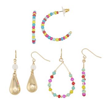 Emberly 3-Pair Gold Tone Beaded Hoop & Teardrop Earring Set