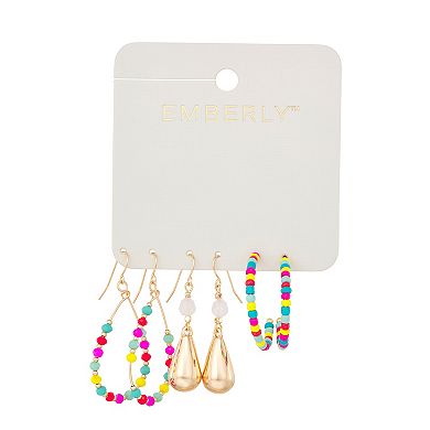 Emberly 3-Pair Gold Tone Beaded Hoop & Teardrop Earring Set