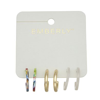 Emberly 3-Pair Gold Tone Mixed Media Hoop Earring Set