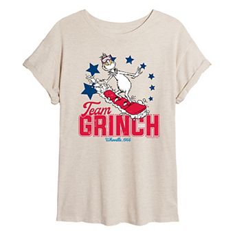 Juniors' Dr. Seuss Grinch Snowboarding Oversized Tee