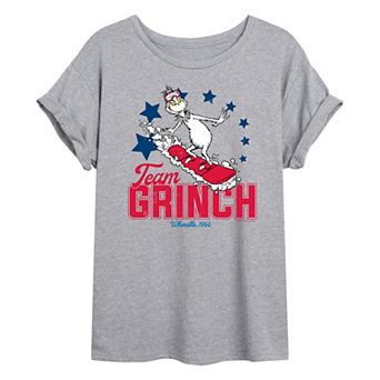 Juniors' Dr. Seuss Grinch Snowboarding Oversized Tee