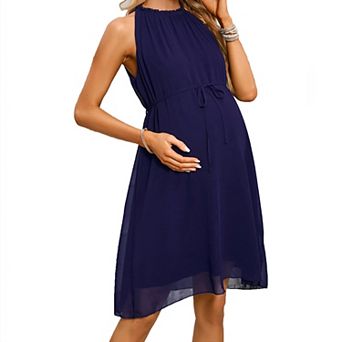 Women's Maternity Sleeveless Halter Neck Dress Tie-Waist Mini Dress for Pregnancy