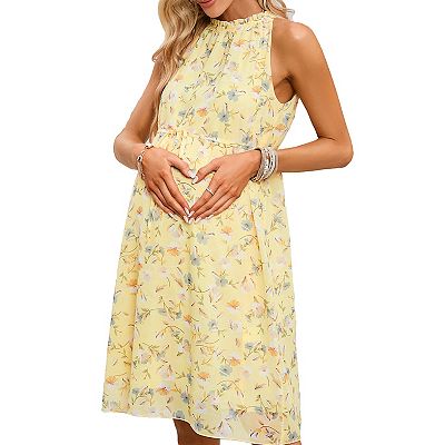 Women's Maternity Sleeveless Halter Neck Dress Tie-Waist Mini Dress for  Pregnancy