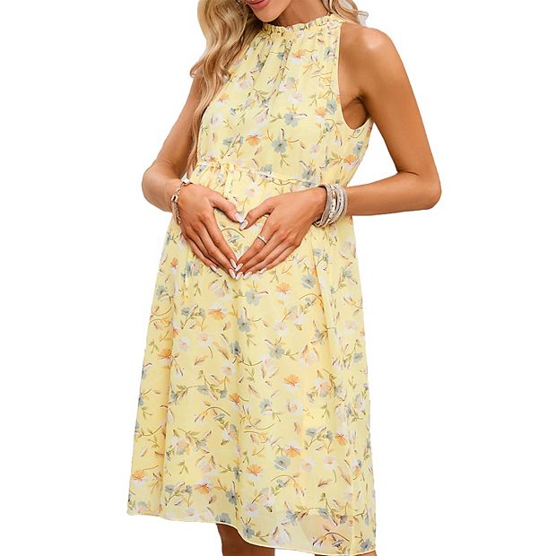Women's Maternity Sleeveless Halter Neck Dress Tie-Waist Mini Dress for  Pregnancy