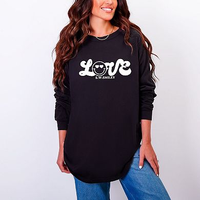 S.W.Smiley Love Cursive - Women's Garment Dyed Long Sleeve Graphic T-Shirt