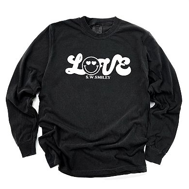 S.W.Smiley Love Cursive - Women's Garment Dyed Long Sleeve Graphic T-Shirt