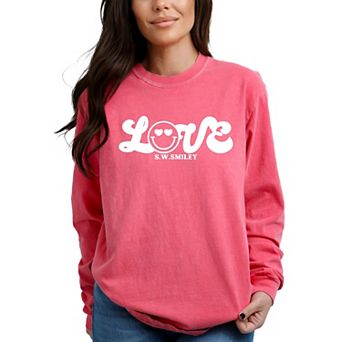 S.W.Smiley Love Cursive - Women's Garment Dyed Long Sleeve Graphic T-Shirt
