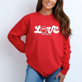 S.W.Smiley Love Cursive - Women's Garment Dyed Long Sleeve Graphic T-Shirt