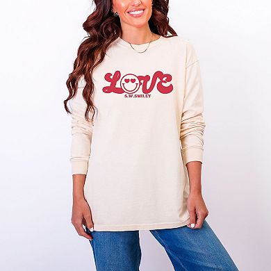 S.W.Smiley Love Cursive - Women's Garment Dyed Long Sleeve Graphic T-Shirt