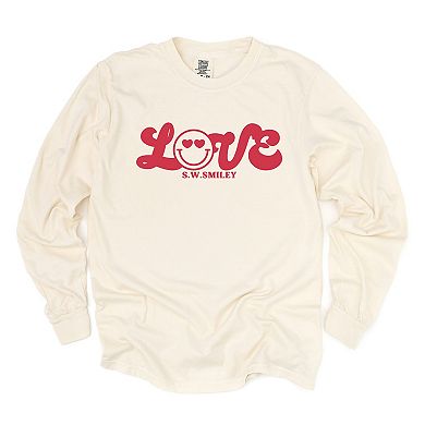 S.W.Smiley Love Cursive - Women's Garment Dyed Long Sleeve Graphic T-Shirt
