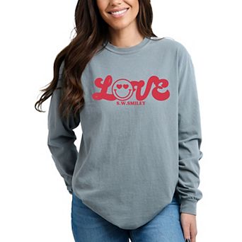 S.W.Smiley Love Cursive - Women's Garment Dyed Long Sleeve Graphic T-Shirt