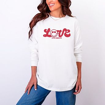 S.W.Smiley Love Cursive - Women's Garment Dyed Long Sleeve Graphic T-Shirt