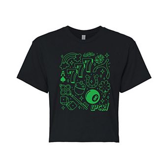 Juniors' Lucky Symbols Collage Cropped Tee