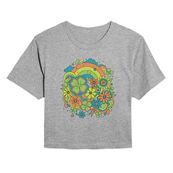 Juniors' Retro Clovers & Florals Cropped Tee