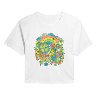 Juniors' Retro Clovers & Florals Cropped Tee