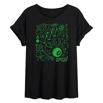 Juniors' Lucky Symbols Collage Oversized Tee