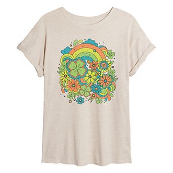 Juniors' Retro Clovers & Florals Oversized Tee