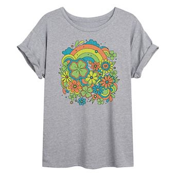 Juniors' Retro Clovers & Florals Oversized Tee