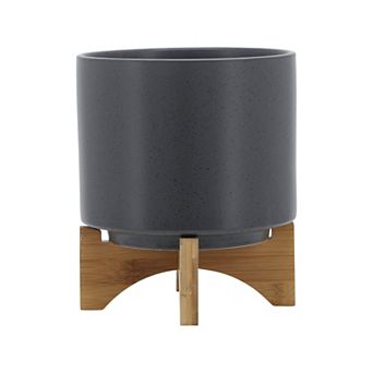8" Matte Gray Ceramic Planter with Modern Wood Stand